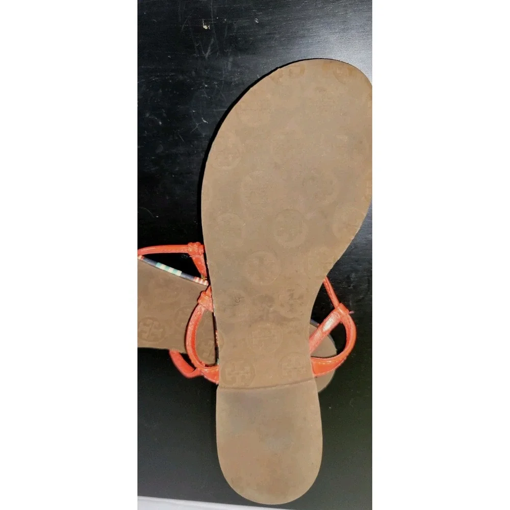 TORY BURCH‎ Sandals Emmy Habanero Stripe Ankle T Strap Buckle Logo Sz 7